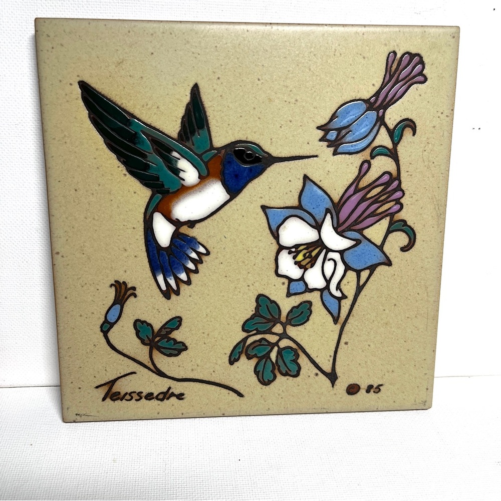 Cleo Teissedre Hummingbird Hand Painted Art Tile Trivet Wall Hanging 6x6 Signed